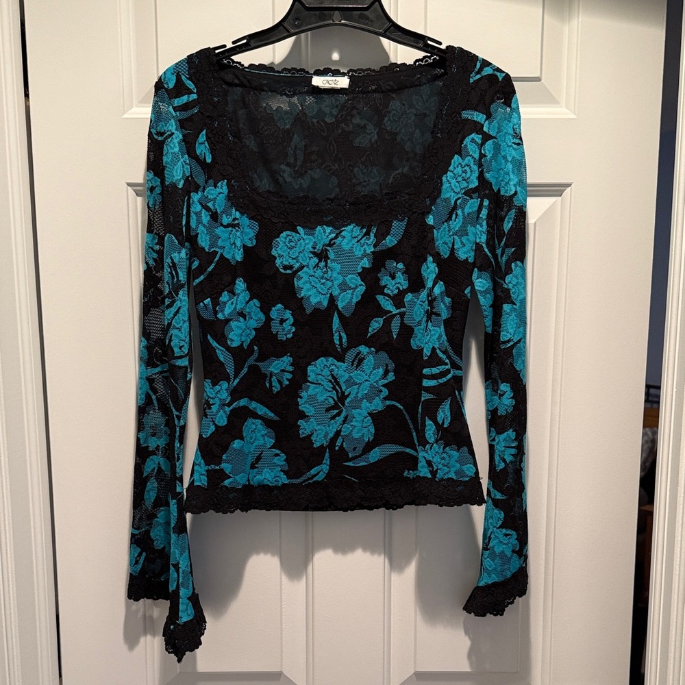 Cache Teal and Black Floral Lace Blouse